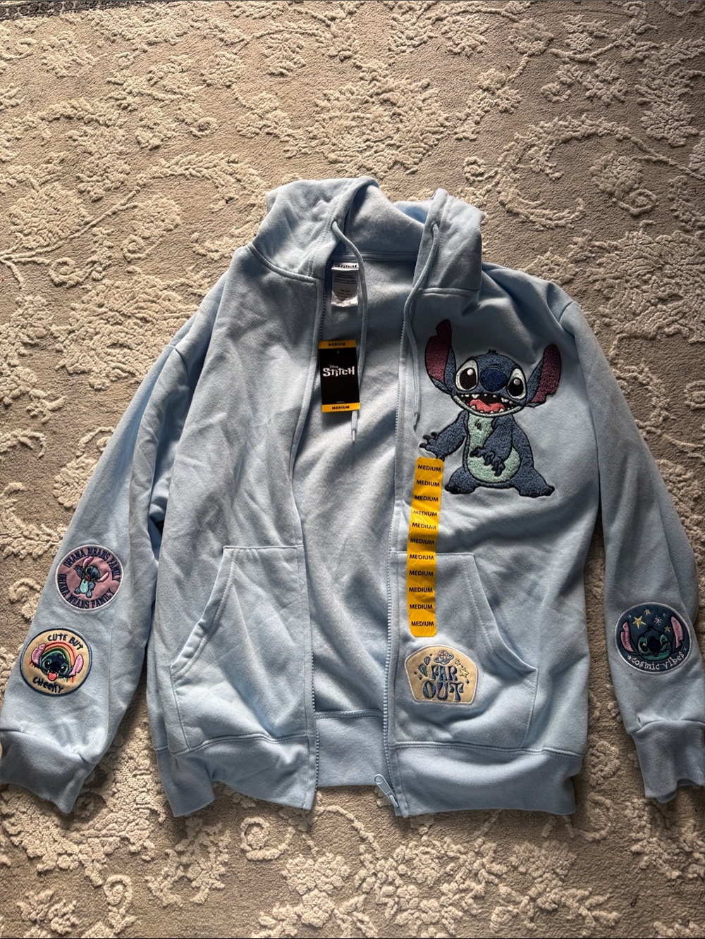 Stitch Light Blue Women’s Zip-Up Hoodie with Patches
